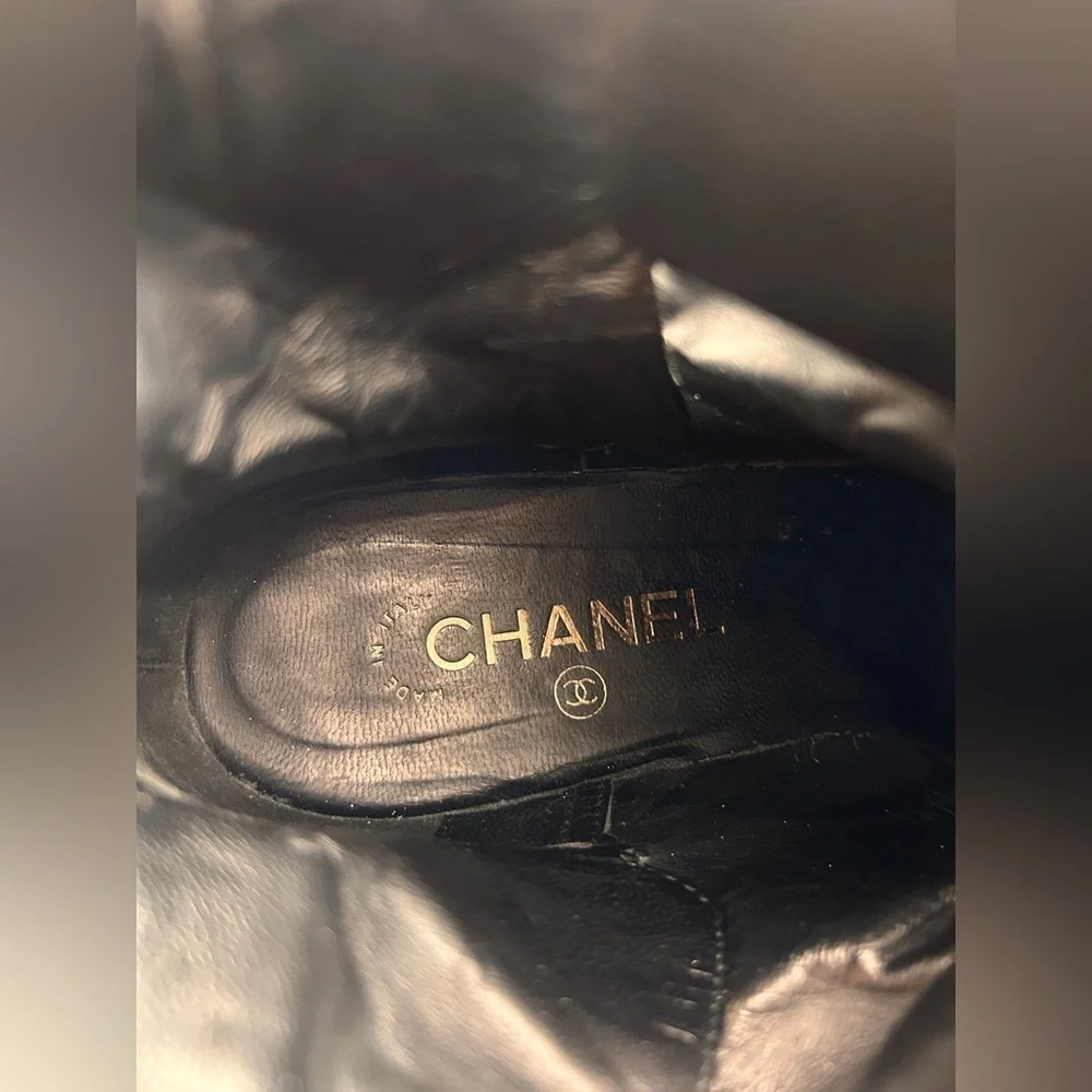 CHANEL Silver Heel Logo Black Biker Buckle Boots 38.5 With Box Rare G28694